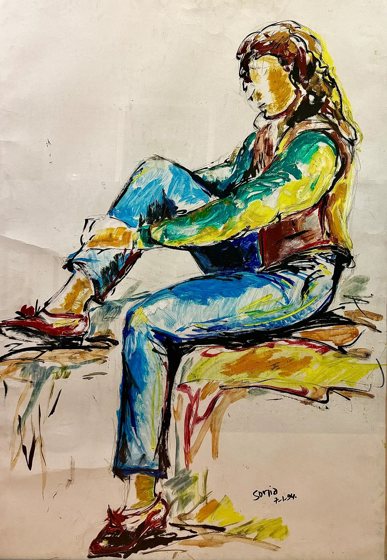 Untitled (Threshold I) — gestural seated figure in blue, yellow, green and red by Sonya Tanios